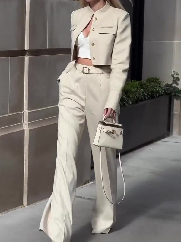 Elegant Two-Piece Suit – Long-Sleeved Top with Wide-Leg Pants