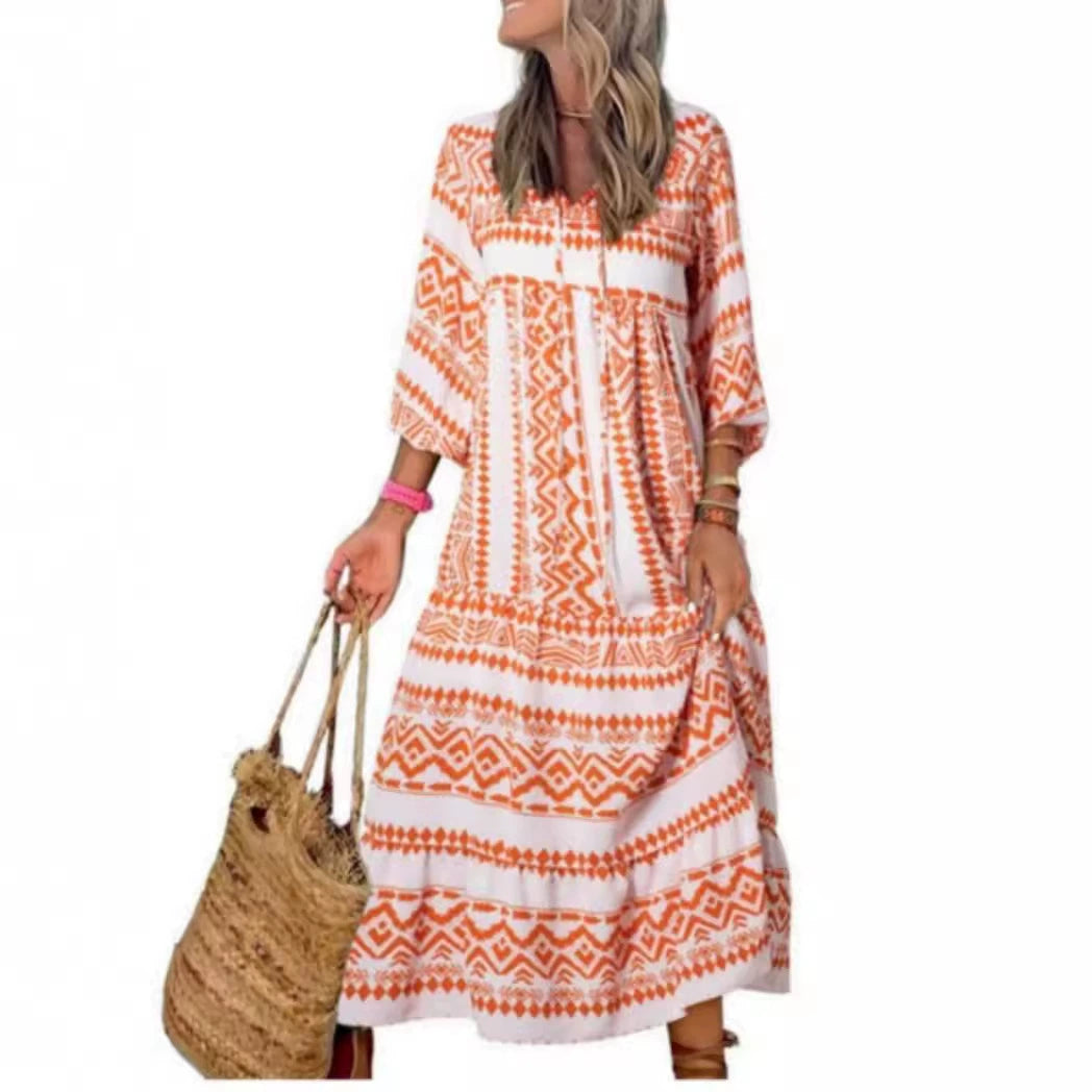 Vintage Bohemian Maxi Dress – Elegant V-Neck Short Sleeve Summer Outfit