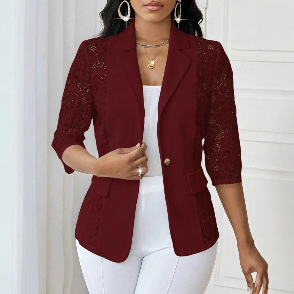 Damen einfarbige Spitzen-Hohl-Dreiviertelarm-Freizeitjacke