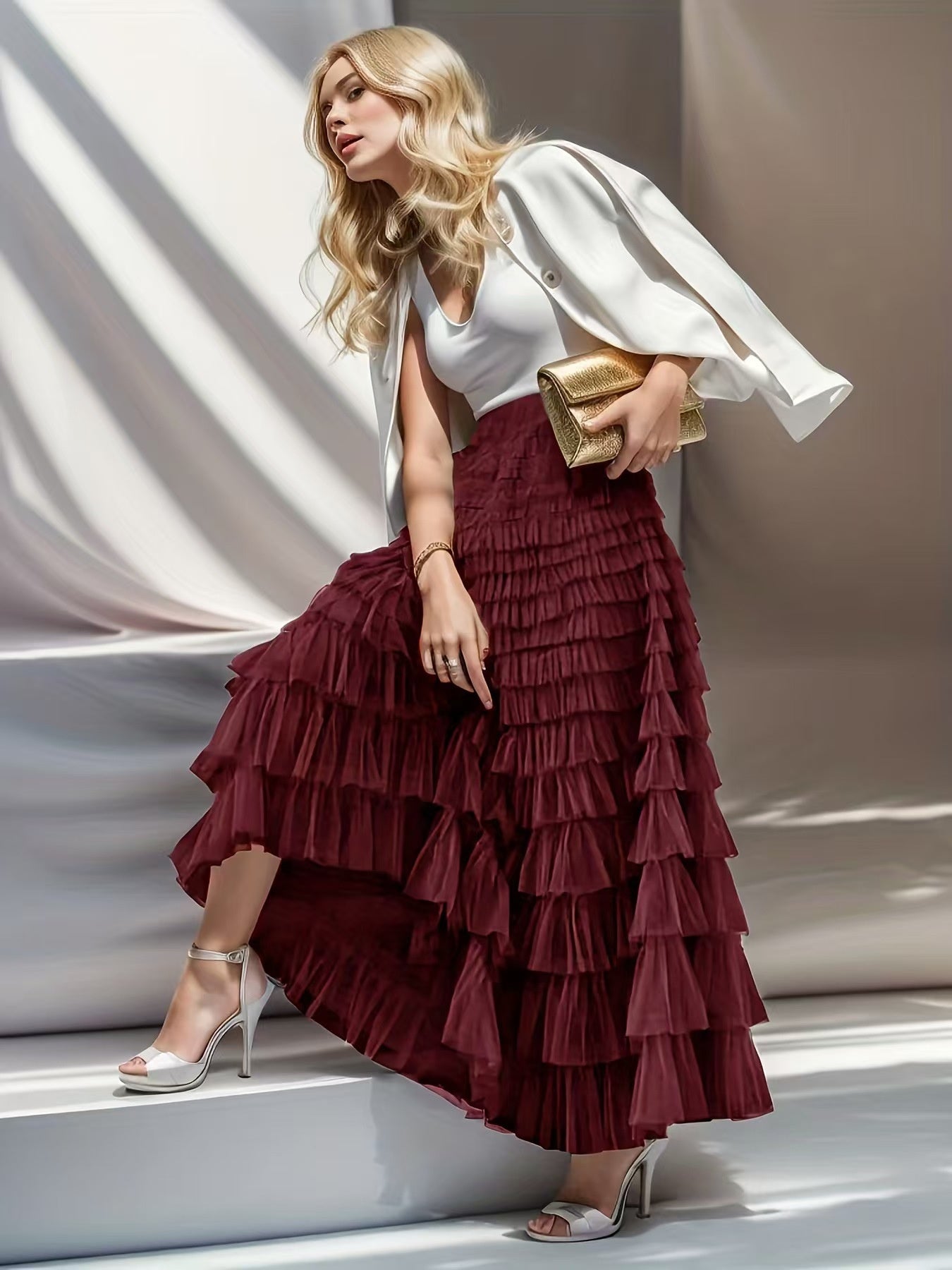 Women’s Summer Mesh Maxi Skirt – Layered Ruffle Cake Style Party Outfit