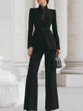 Eleganter zweiteiliger Damenanzug – Langarm-Blazer & Hose mit weitem Bein