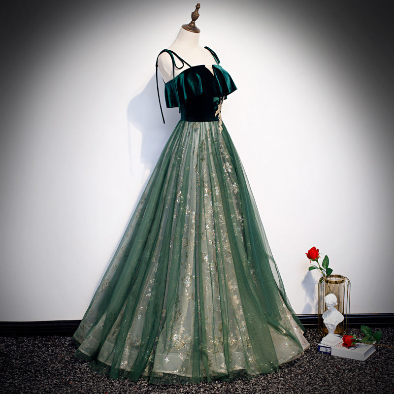 Bankett-Schlinge Temperament Langes Kleid Dunkelgrün Fantasy Mori