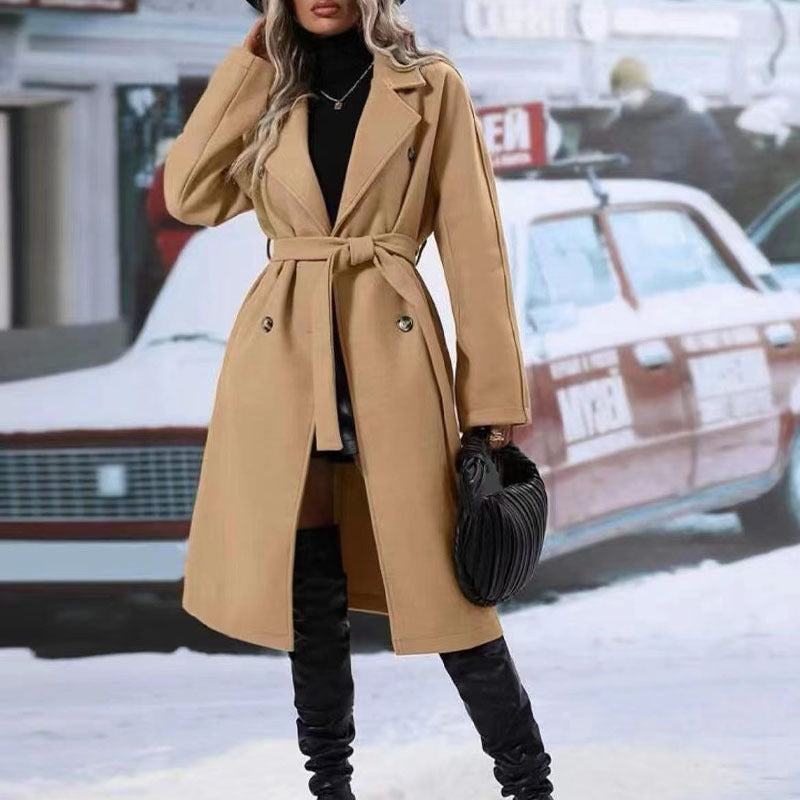 Revers-Zweireiher-Trenchcoat mit Gürtel Wintermode Einfarbig Lange Jacke Oberbekleidung Damenbekleidung