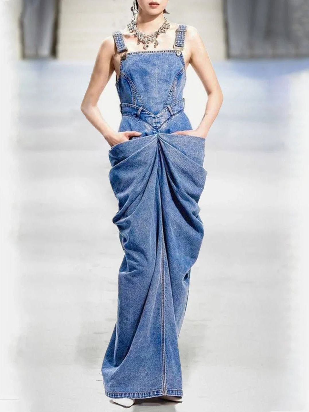 Elegant Denim Suspender Pleated Dress for Women