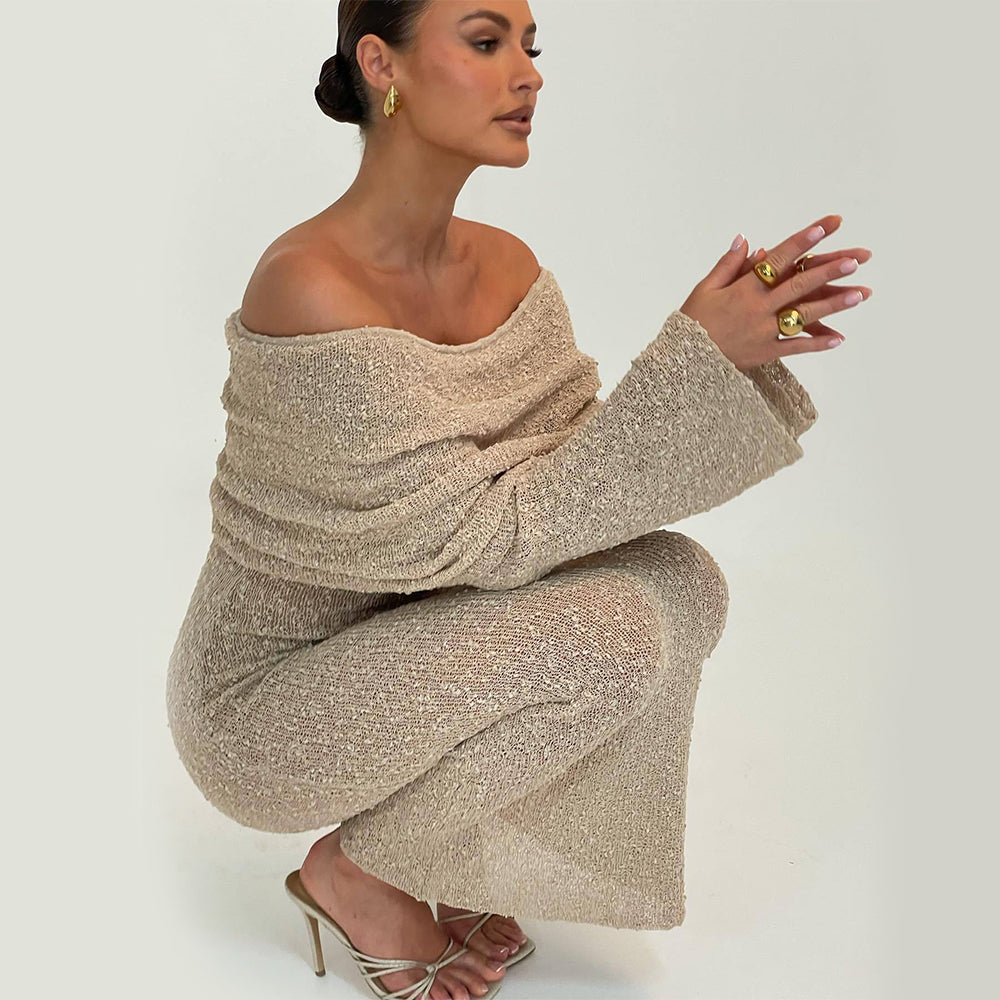 Stylisches Abendkleid – Figurbetont, gestrickt, schulterfrei, lang, modisch