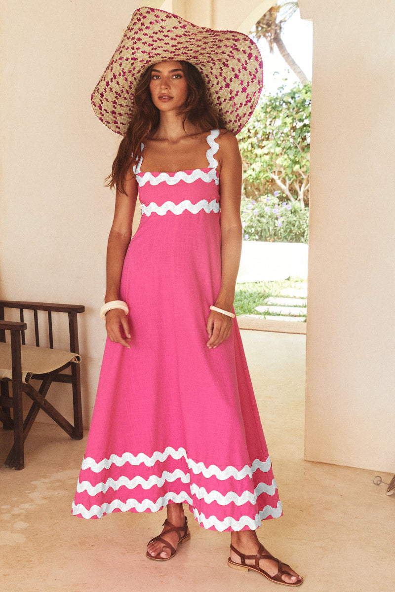 Women’s Summer Floral Suspender Dress – Wavy Pattern A-Line Beach Maxi