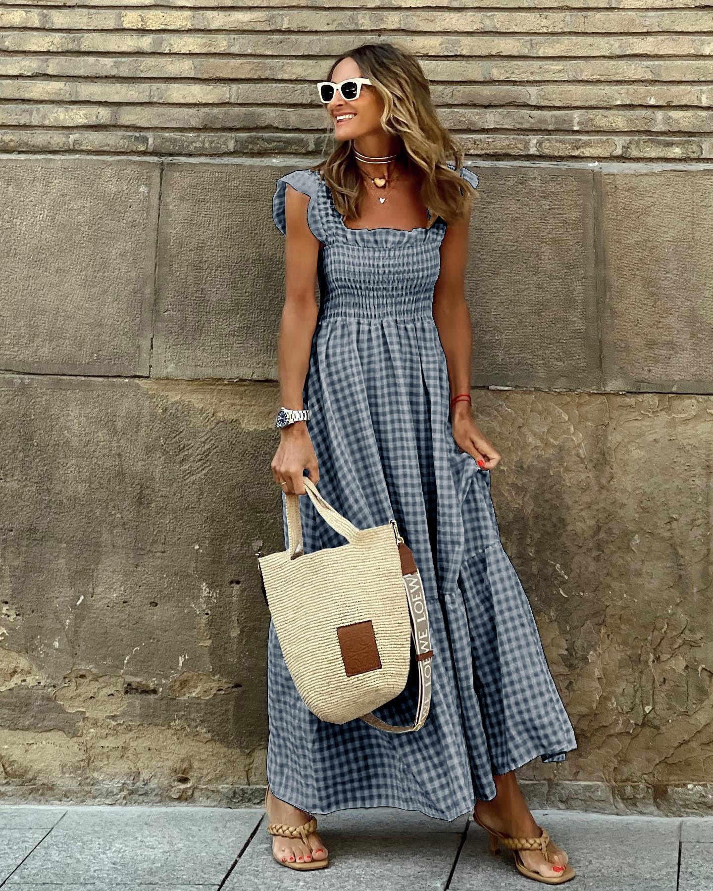 Women’s Summer Plaid Dress – Sleeveless A-Line Pleated Ruffle Beach Outfit