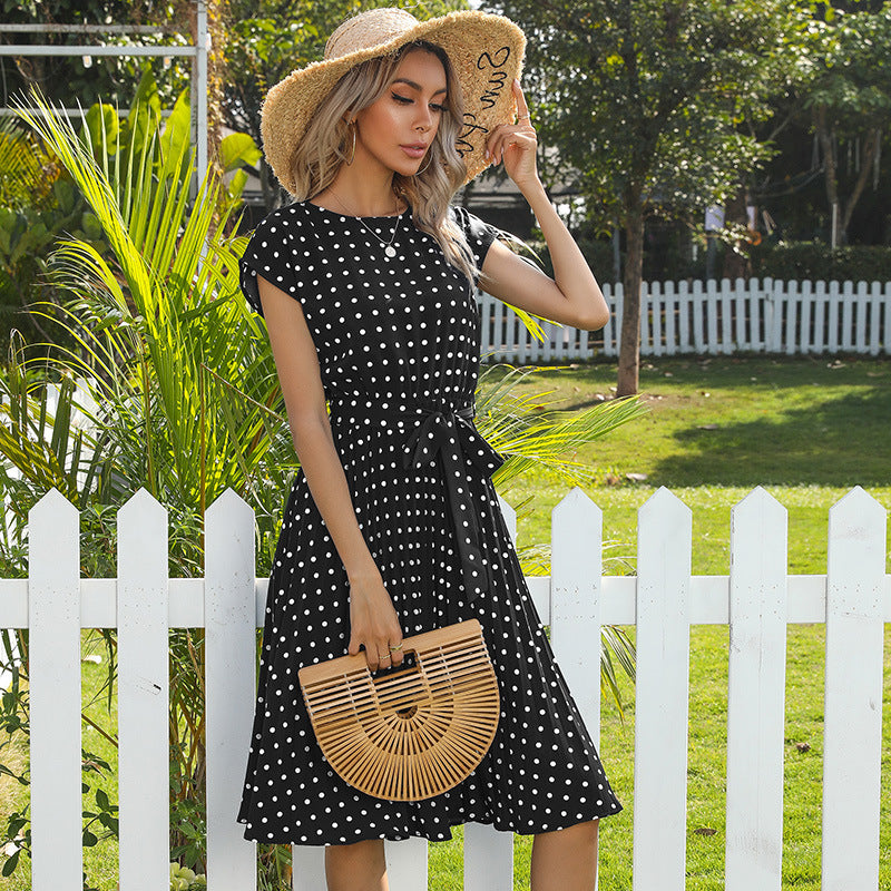 Elegant Polka Dot Midi Dress – Summer V-Neck Short Sleeve Casual Party Outfit