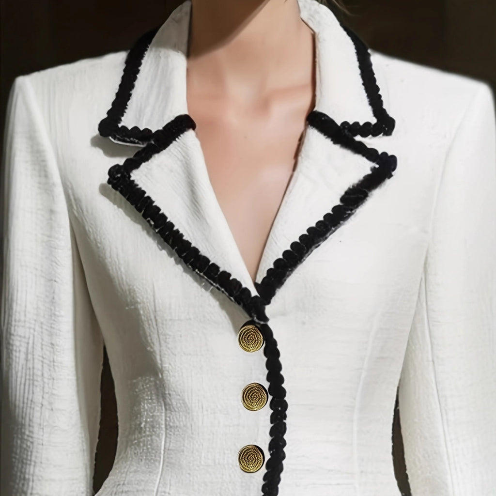 New Womens Elegant Tweed Blazer With Lace Trim