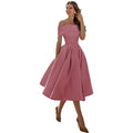 Elegant Satin Strapless Dress – Women’s Off-Shoulder Tea-Length Evening Outfit with Pockets