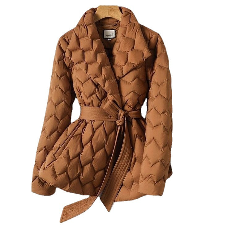 Winterjacke mit Wellenstich-Muster, Gürtel, modischen warmen Taschen, Reverskragen, Damen Temperament Leichte Oberbekleidung Kleidung