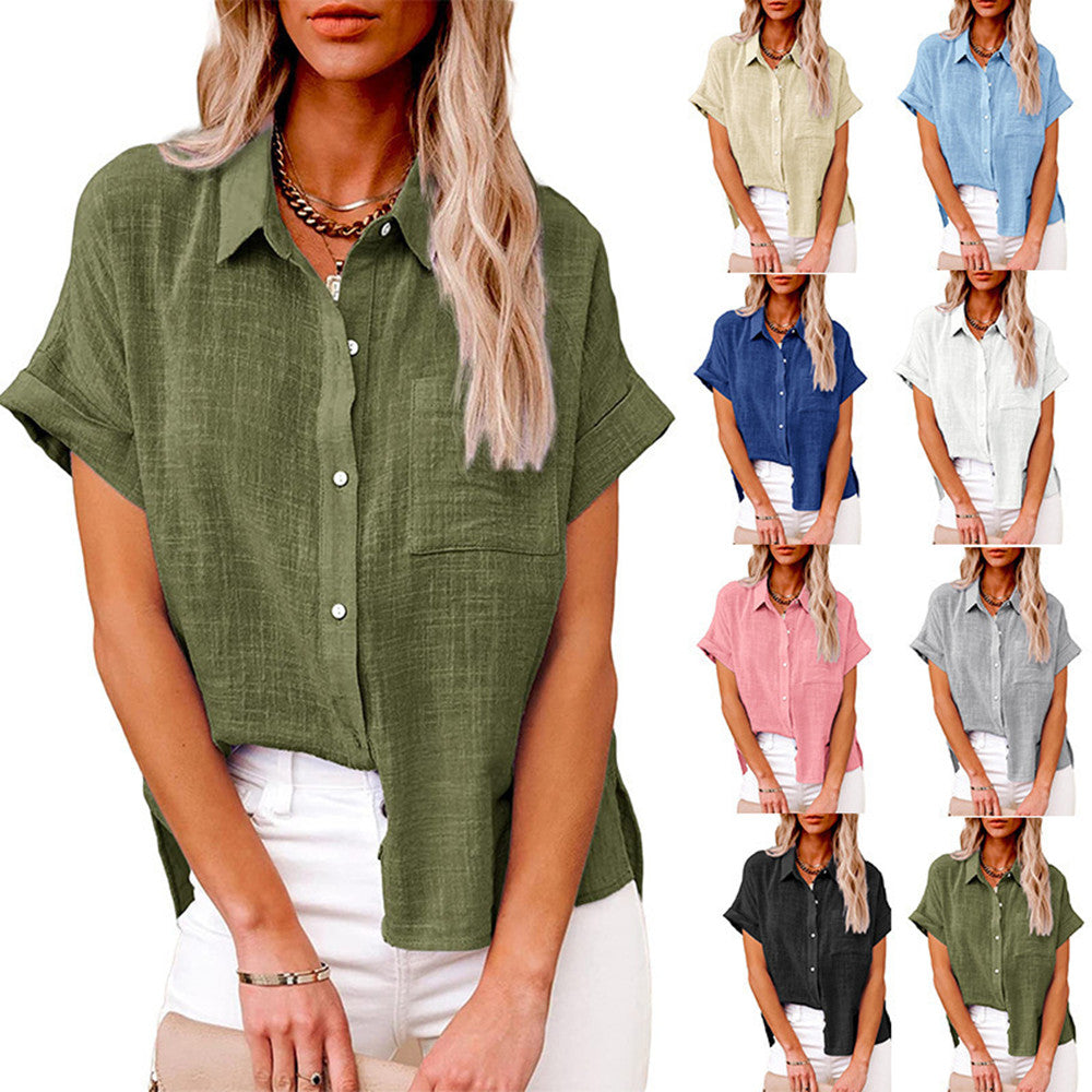 Women’s Summer Lapel Shirt – Solid Color Short Sleeve Button Top with Pockets