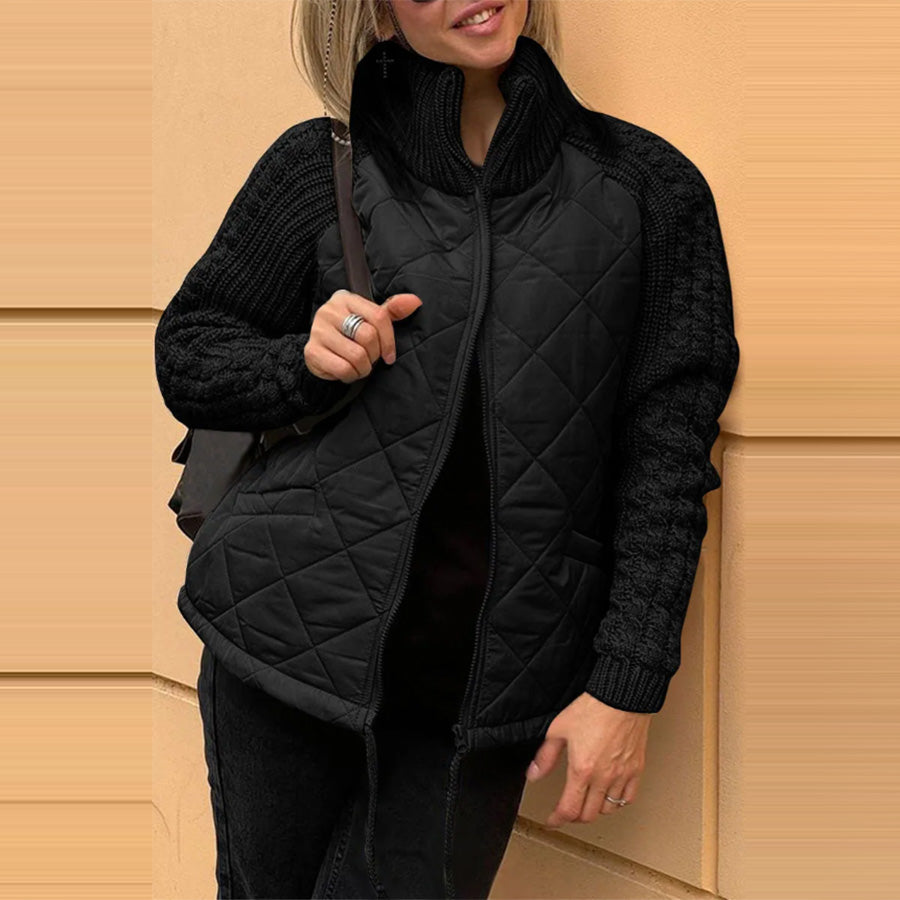 Winter Stehkragen Baumwolljacke mit Taschen Mode Gestrickte Nähte Reißverschluss Mantel Warme Oberteile für Damen Kleidung