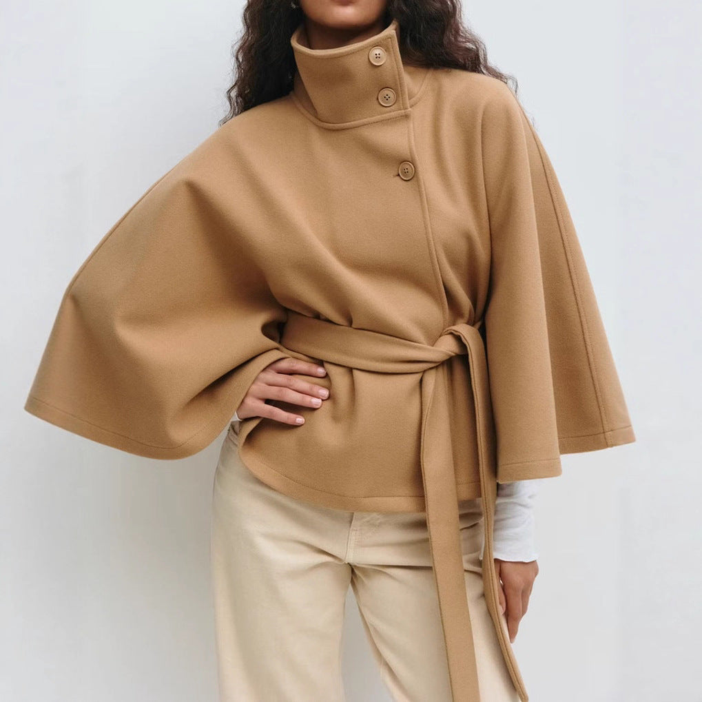 Stylish Women’s Outwear – Loose Fit High Neck Batwing Sleeve Trench Coat