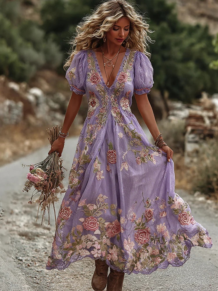 Retro Bohemian Floral Linen Maxi Dress, Loose Fit