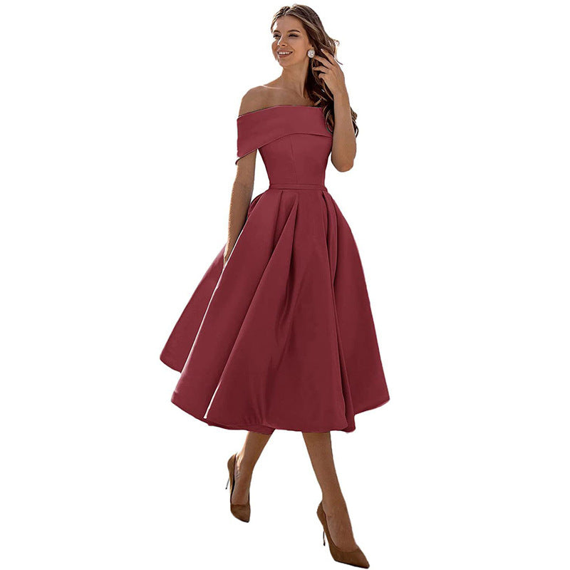 Elegant Satin Strapless Dress – Women’s Off-Shoulder Tea-Length Evening Outfit with Pockets