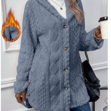 Kapuzenstrickjacke mit Knöpfen, langer Jacke, Winter, einfarbig, Langarmmantel