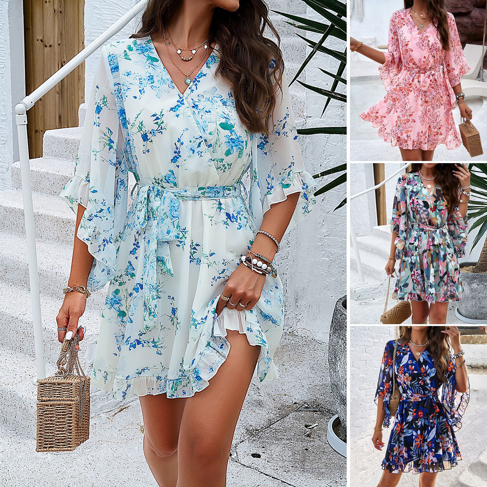 Women’s Summer Floral Dress – V-Neck Lace-Up Ruffle Short Sleeve Outfit