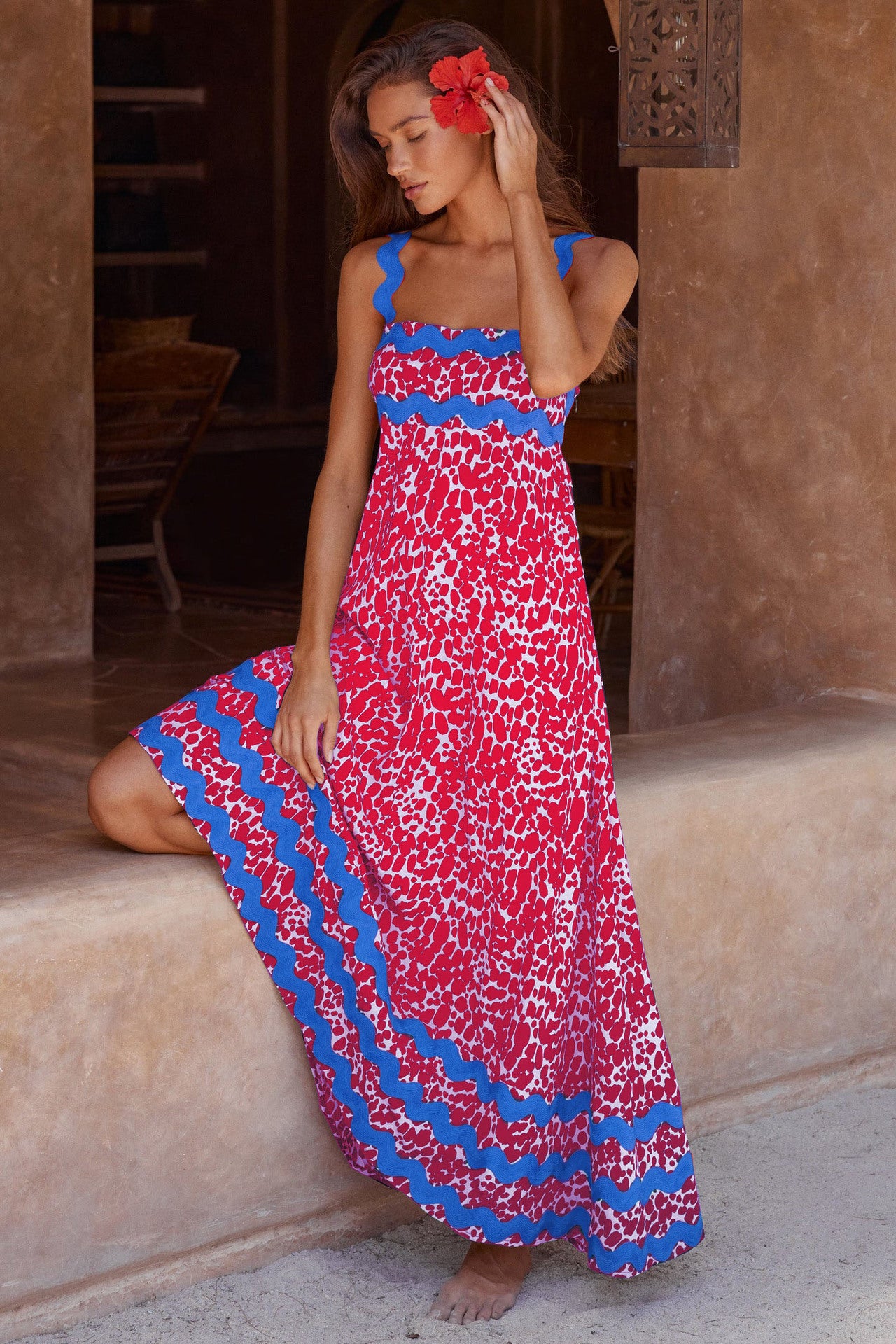 Women’s Summer Floral Suspender Dress – Wavy Pattern A-Line Beach Maxi