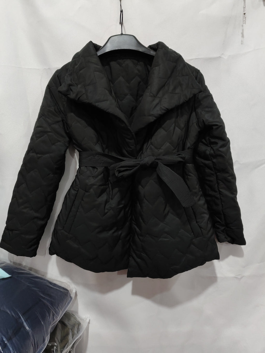 Winter Ripple-stitching Jacket With Belt Fashion Warm Pockets Lapel Coat Women's Temperament Lightweight Outwear Clothing