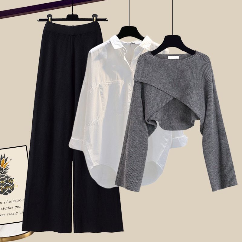 Elegant 3-Piece Outfit – Knitted Sweater Top with Shirt and Wide-Leg Pants