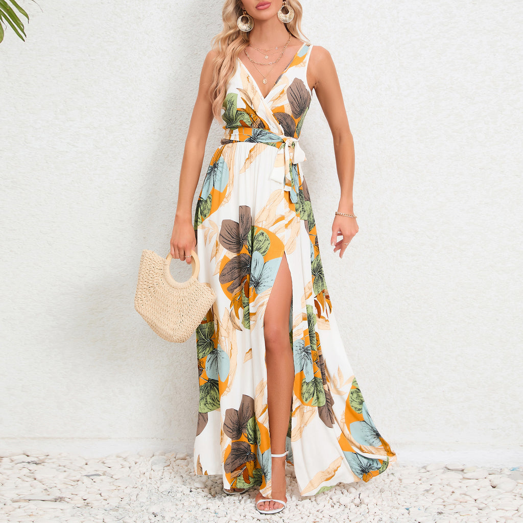 Women’s Summer Floral Maxi Dress – V-Neck Sleeveless Waist Tie Slit Outfit