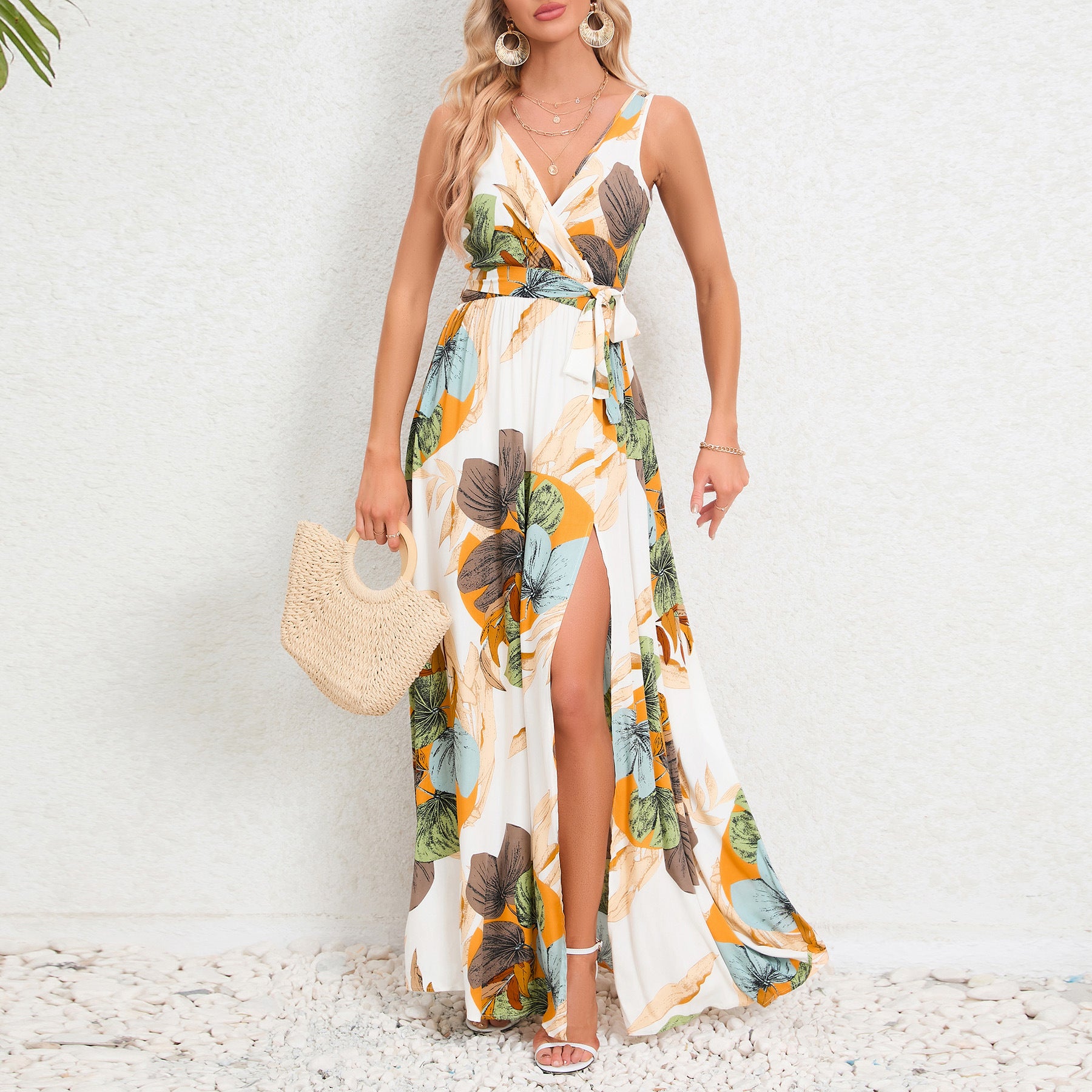 Women’s Summer Floral Maxi Dress – V-Neck Sleeveless Waist Tie Slit Outfit