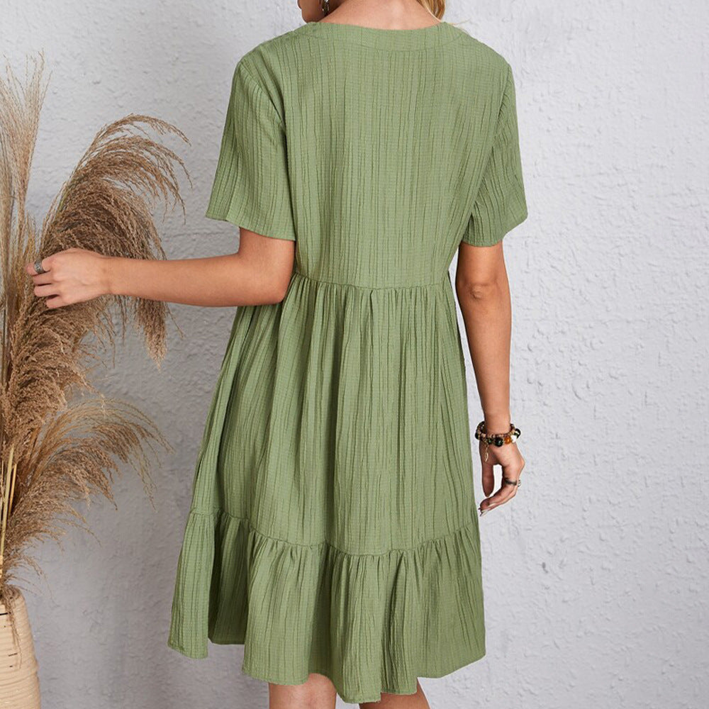 Elegantes gerafftes Midikleid – V-Ausschnitt Kurzarm-Sommermode