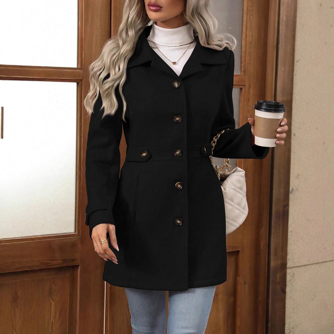 Eleganter Einreihiger Wollmantel mit Knöpfen, Revers, Mittellanger Jacke, Temperament, Pendler-Oberbekleidung für Damen