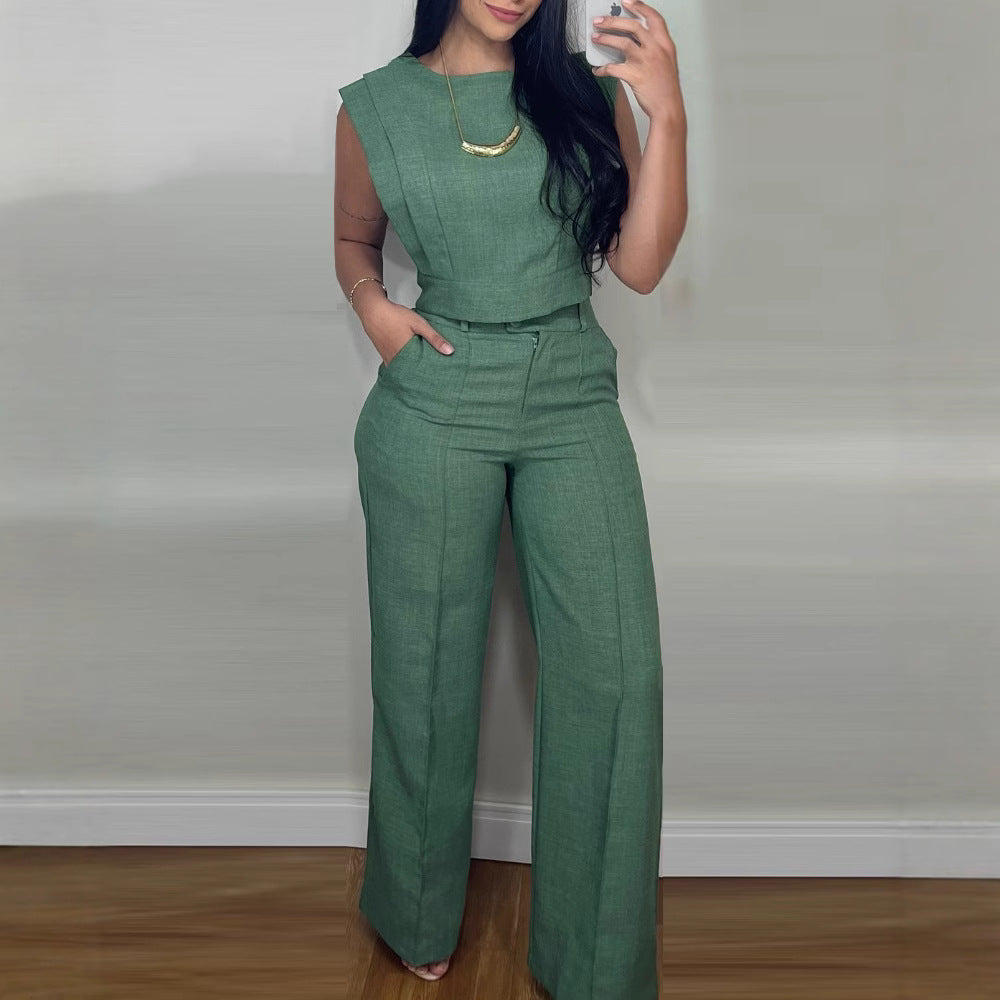 Women’s Summer Two-Piece Set – Sleeveless Round Neck Vest Top with Pocket Straight Pants