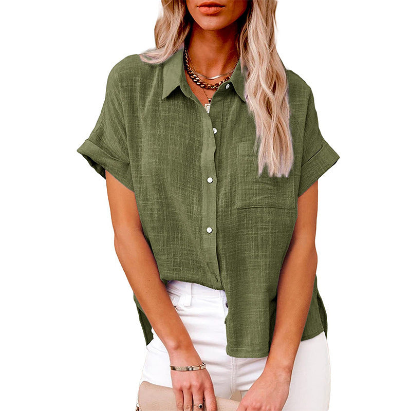 Women’s Summer Lapel Shirt – Solid Color Short Sleeve Button Top with Pockets