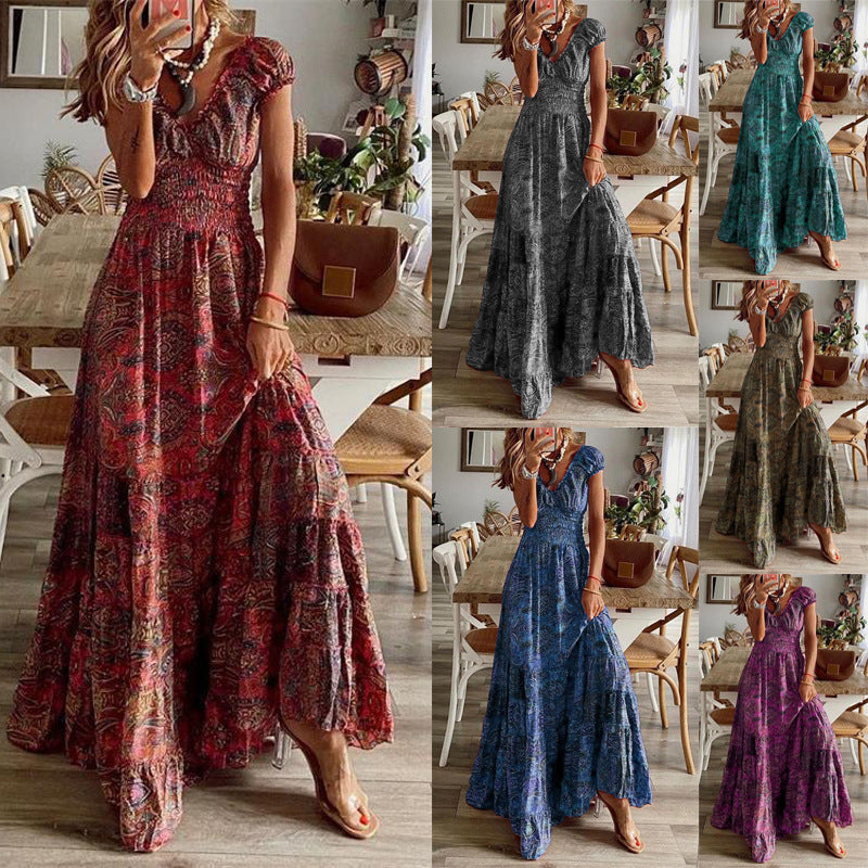 Women’s Summer Floral Midi Dress – Waist-Cinching Elegant A-Line Outfit