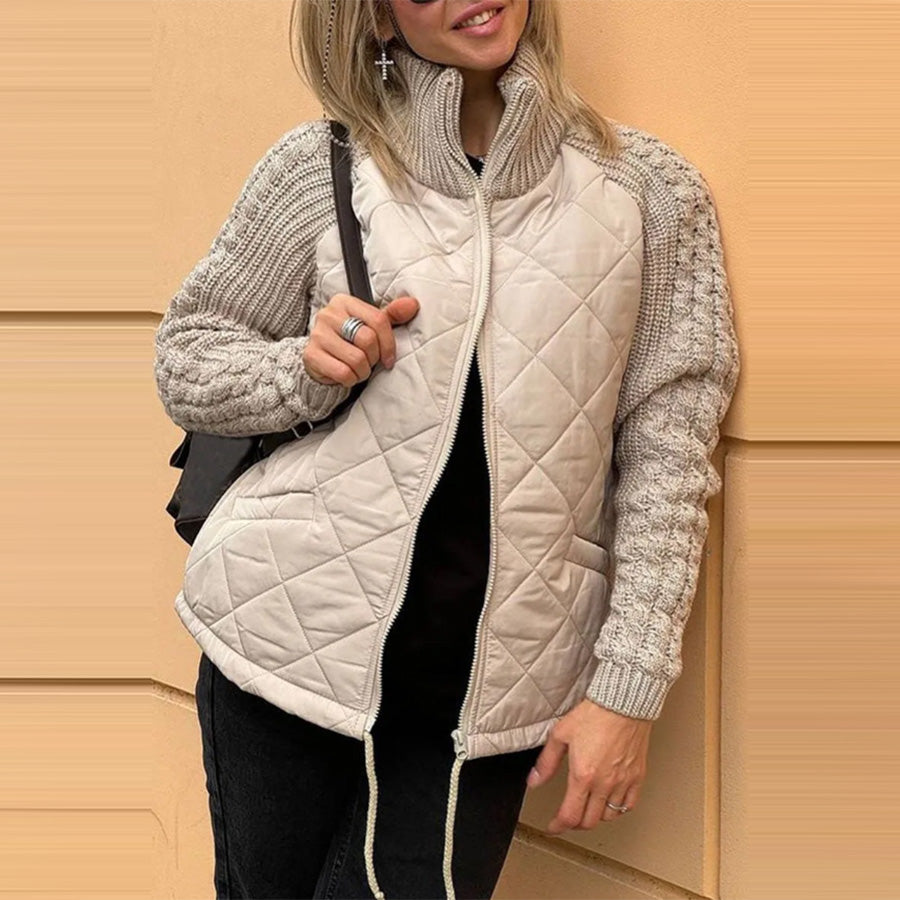 Winter Stehkragen Baumwolljacke mit Taschen Mode Gestrickte Nähte Reißverschluss Mantel Warme Oberteile für Damen Kleidung