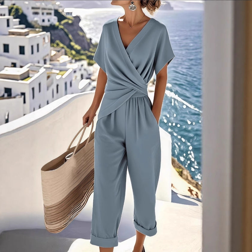 “Women’s Summer Two-Piece Suit – V-Neck Irregular Pleated Top with Slim Pants