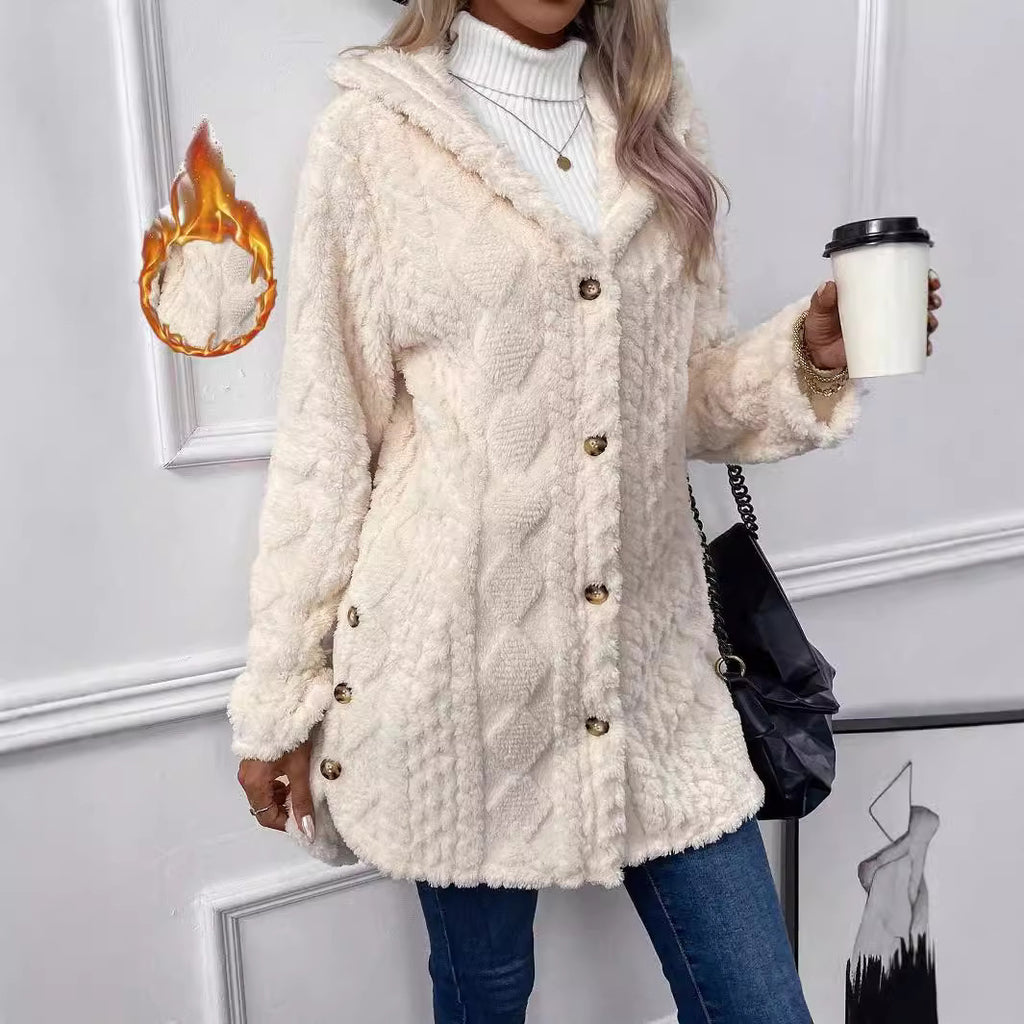 Kapuzenstrickjacke mit Knöpfen, langer Jacke, Winter, einfarbig, Langarmmantel