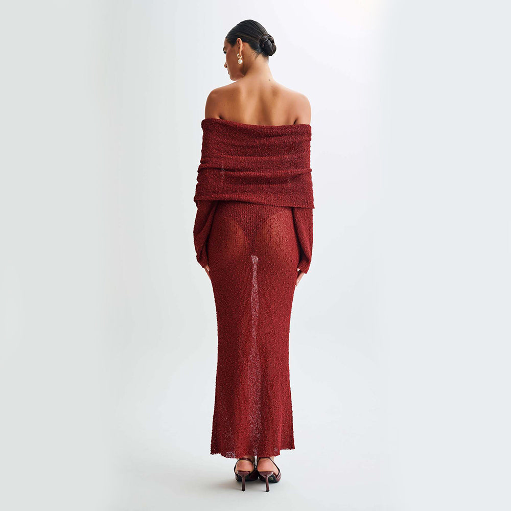 Stylisches Abendkleid – Figurbetont, gestrickt, schulterfrei, lang, modisch