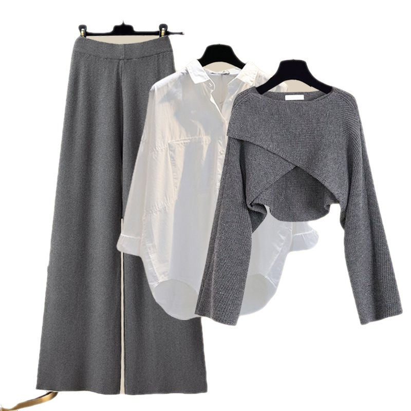 Elegant 3-Piece Outfit – Knitted Sweater Top with Shirt and Wide-Leg Pants