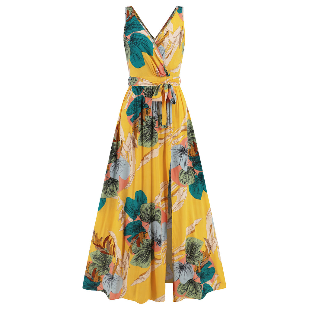 Women’s Summer Floral Maxi Dress – V-Neck Sleeveless Waist Tie Slit Outfit