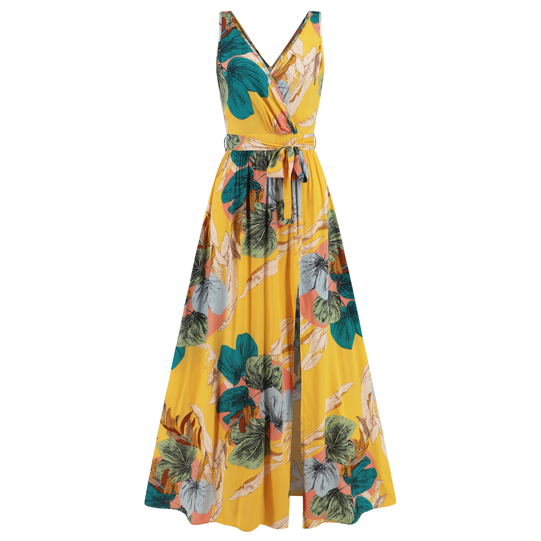 Women’s Summer Floral Maxi Dress – V-Neck Sleeveless Waist Tie Slit Outfit