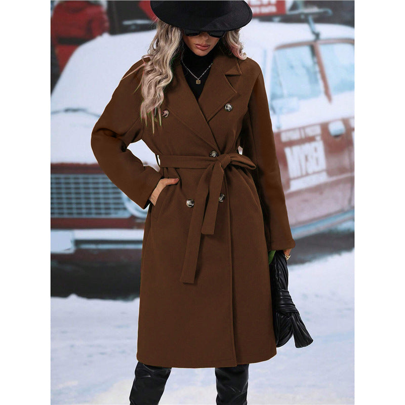 Revers-Zweireiher-Trenchcoat mit Gürtel Wintermode Einfarbig Lange Jacke Oberbekleidung Damenbekleidung