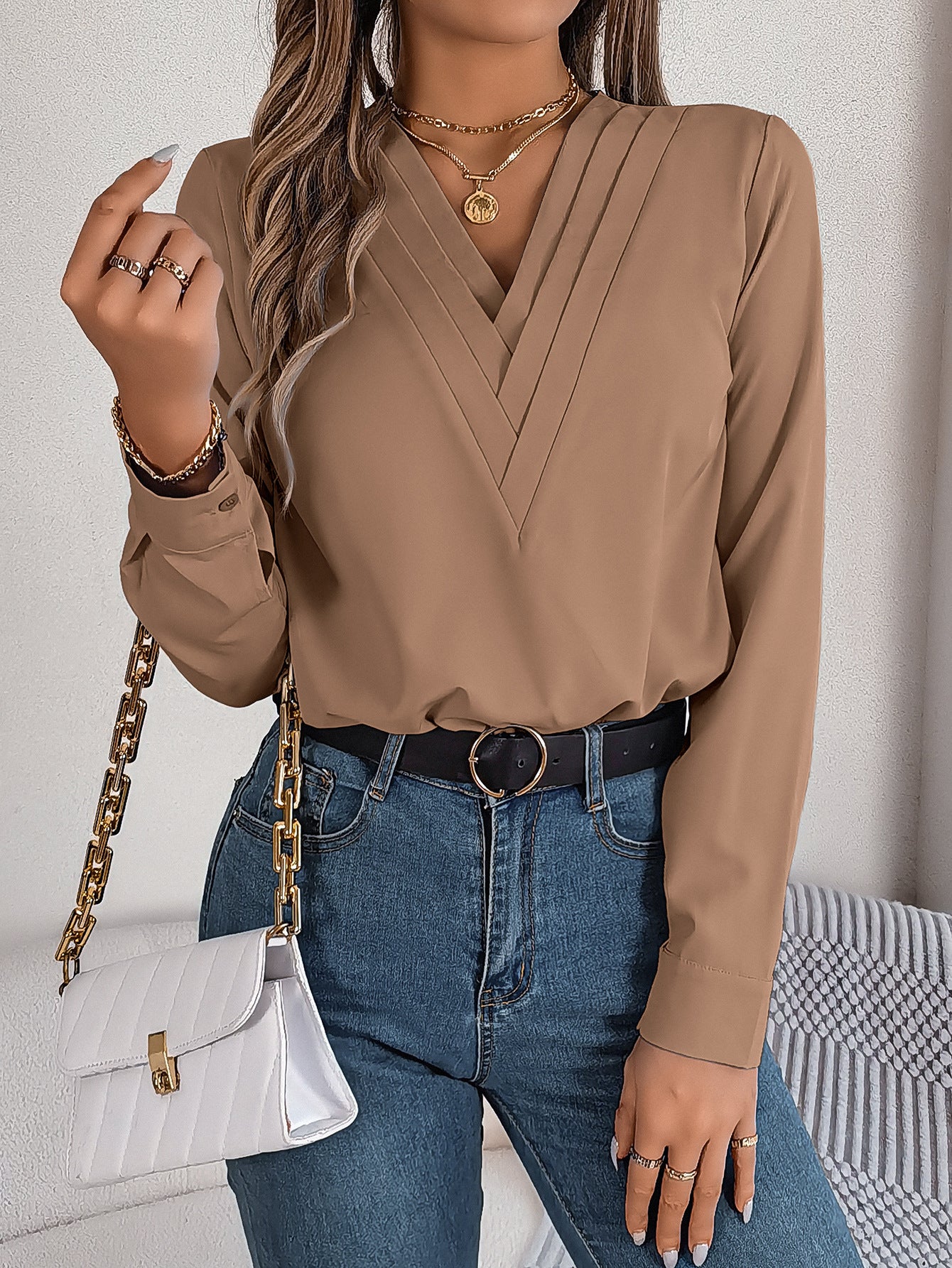 Stylish Business Casual Shirt – Elegant V-Neck Long Sleeve Solid Blouse