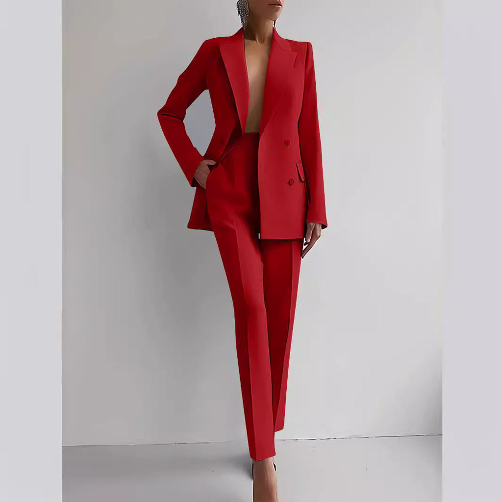 Women’s Business Casual Suit – Long Sleeve Single-Breasted Jacket with Slim Fit Trousers