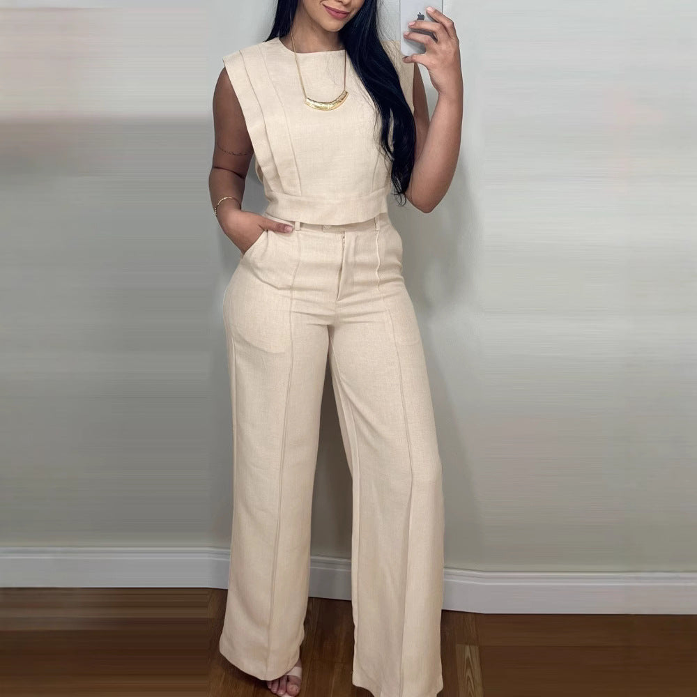 Women’s Summer Two-Piece Set – Sleeveless Round Neck Vest Top with Pocket Straight Pants