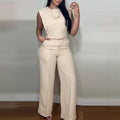 Women’s Summer Two-Piece Set – Sleeveless Round Neck Vest Top with Pocket Straight Pants