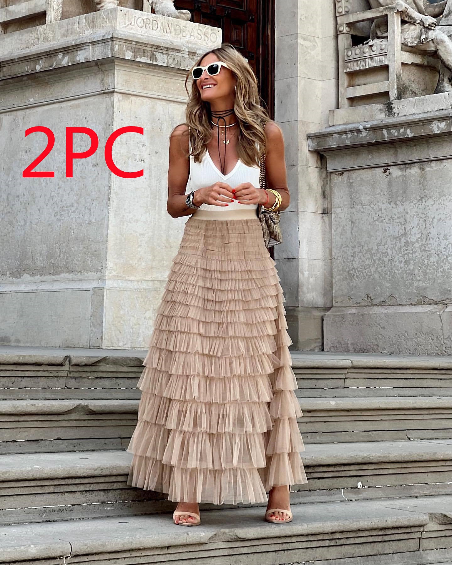 Women’s Summer Mesh Maxi Skirt – Layered Ruffle Cake Style Party Outfit