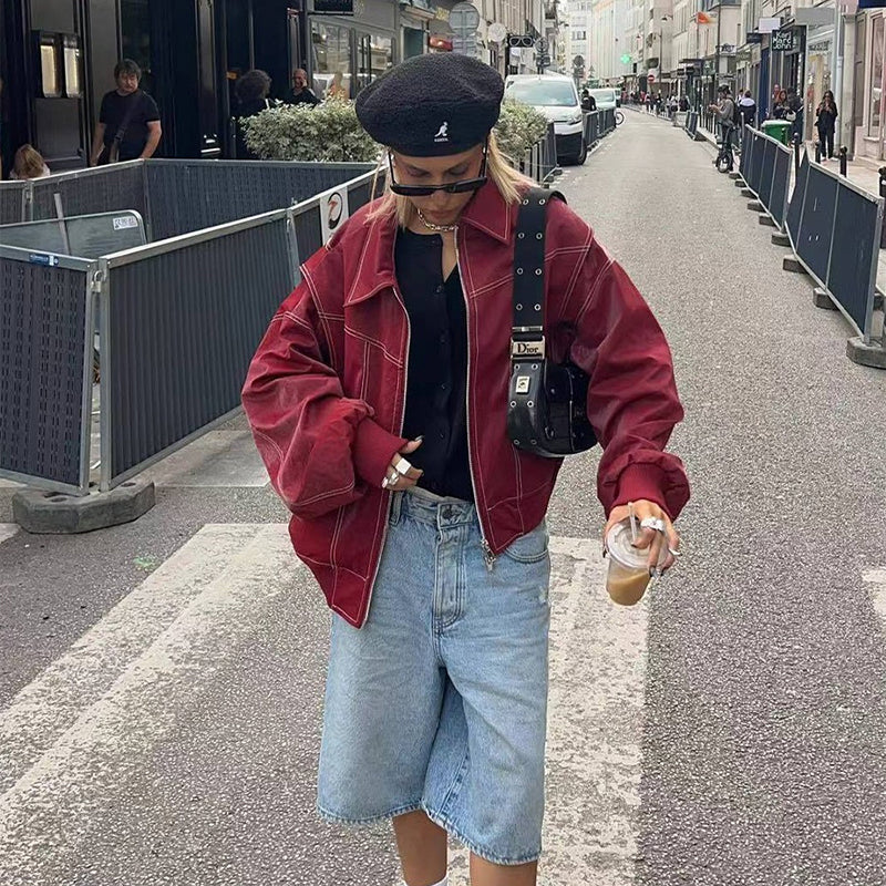 Lockere Mode Revers Jacke Reißverschluss Coole Langarm Reißverschluss Moto Biker Lederjacke Damenbekleidung