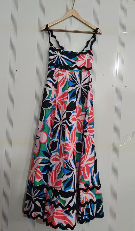Women’s Summer Floral Suspender Dress – Wavy Pattern A-Line Beach Maxi