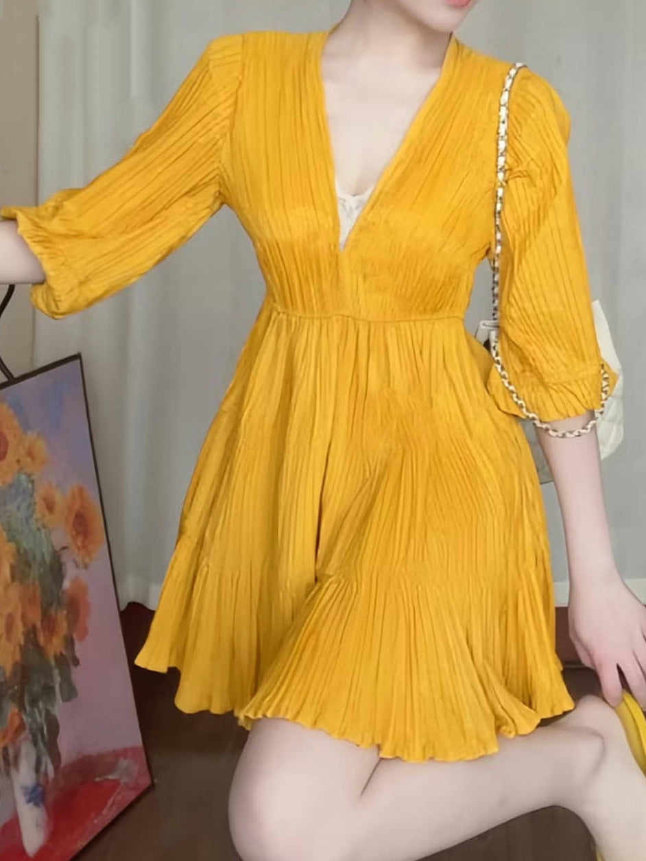 A-line V-neck Mini Dress with Lantern Sleeves