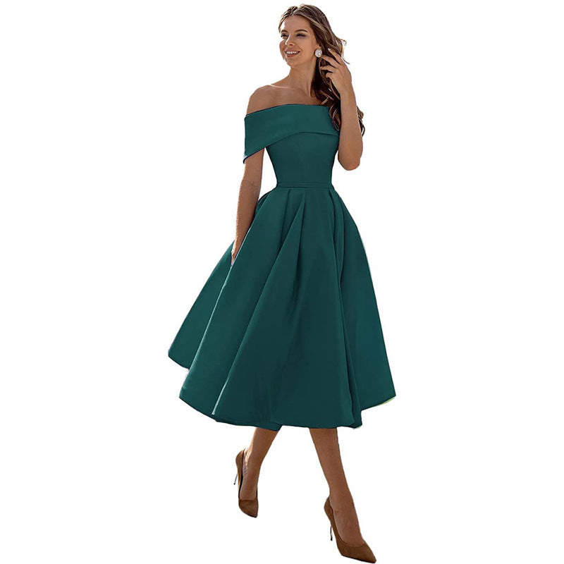 Elegant Satin Strapless Dress – Women’s Off-Shoulder Tea-Length Evening Outfit with Pockets