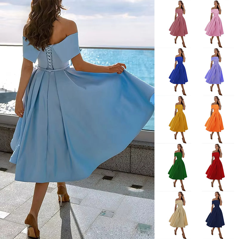 Elegant Satin Strapless Dress – Women’s Off-Shoulder Tea-Length Evening Outfit with Pockets
